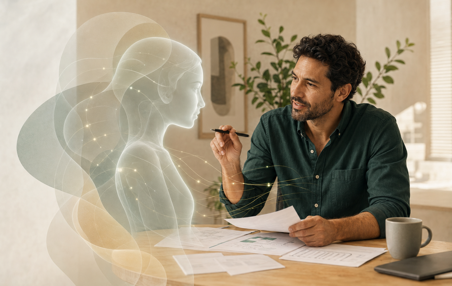 Profissional colaborando com uma inteligência artificial de forma estratégica